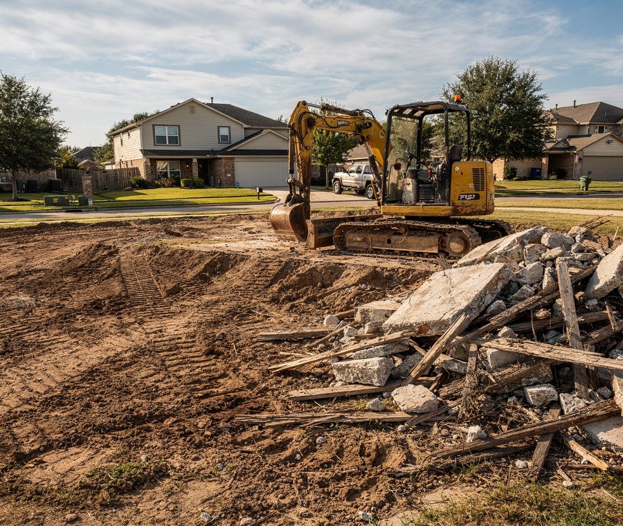 Cleared demolition site with concrete and wood debris in Chicago, IL