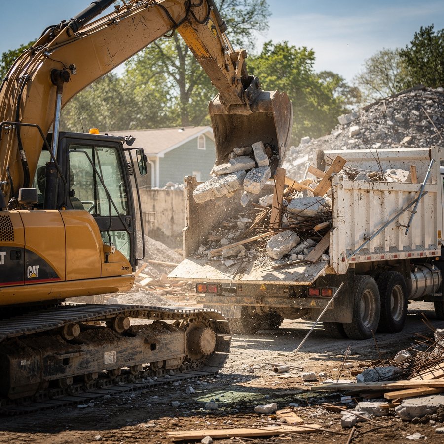 Excavator loading demolition debris into a dump truck in Chicago, IL